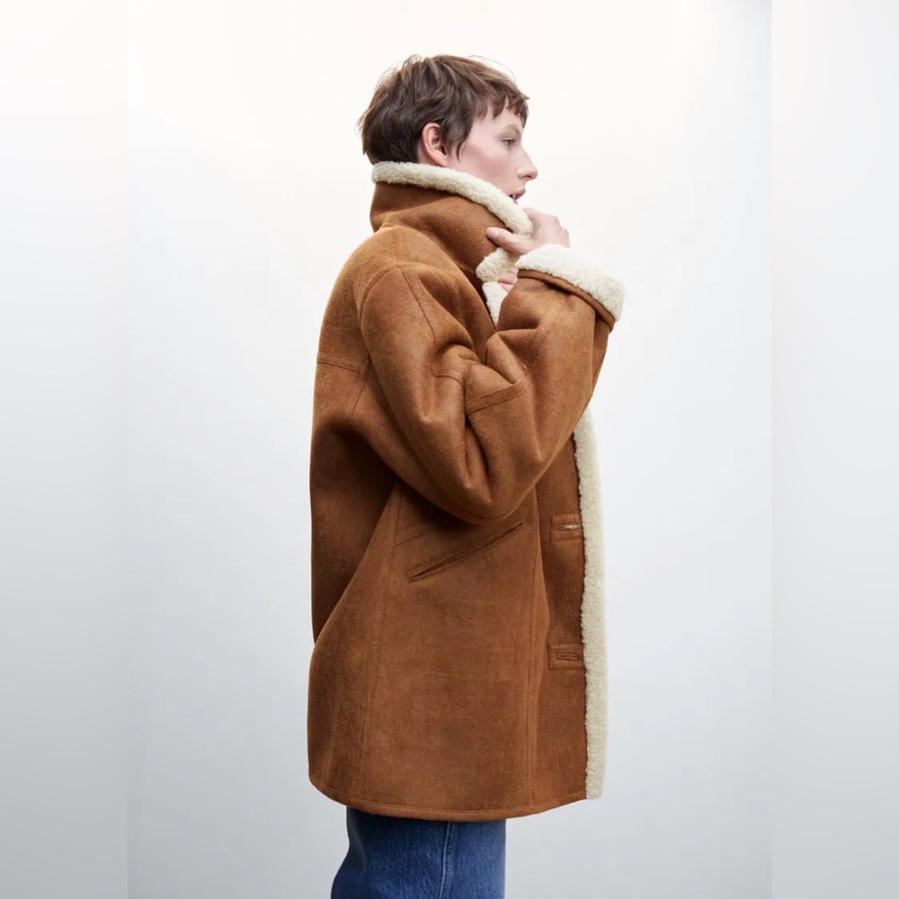 MANGO Oversized Cognag Tan Shearling Jacket Coat Size XS - Small Oversized - Picture 4 of 16